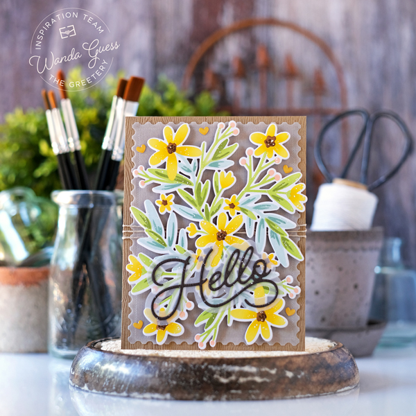 the greetery, the greetery new release, the greetery garden variety, the greetery stamps and dies, the greetery print shop garden goodness, the greetery print shop daisy days, the greetery stencils, garden theme, diy, handmade cards, card ideas, stamping, the greetery scripty hello die, greetery design team, wanda guess, a blog called wanda