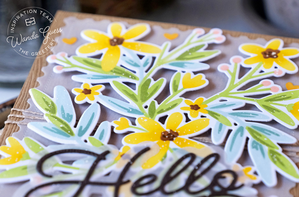 the greetery, the greetery new release, the greetery garden variety, the greetery stamps and dies, the greetery print shop garden goodness, the greetery print shop daisy days, the greetery stencils, garden theme, diy, handmade cards, card ideas, stamping, the greetery scripty hello die, greetery design team, wanda guess, a blog called wanda