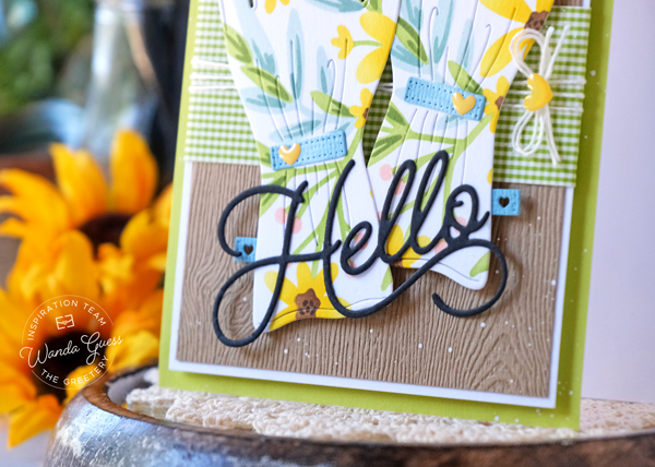 the greetery, the greetery stamps and dies, the greetery stencils, flowers, the greetery print shop daisy, the greetery garden gloves, handmade cards, card ideas, gardening, stenciling, gingham, card layouts, wanda guess, a blog called wanda