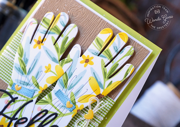 the greetery, the greetery stamps and dies, the greetery stencils, flowers, the greetery print shop daisy, the greetery garden gloves, handmade cards, card ideas, gardening, stenciling, gingham, card layouts, wanda guess, a blog called wanda