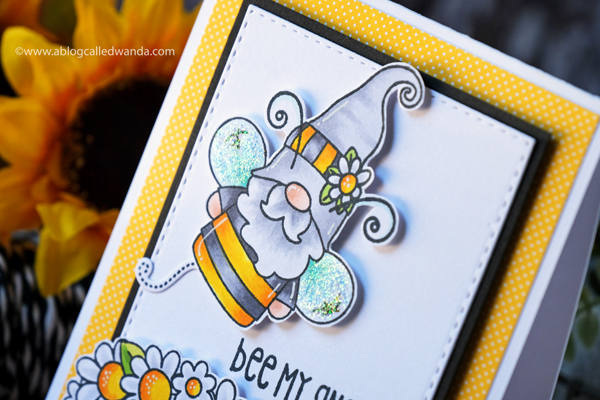 Jaded Blossom Stamps, Jaded Blossom Buzzing with my gnomies, gnome, stamps, dies, flowers, spring, bee, card layout, copic markers, card ideas, wanda guess, a blog called wanda