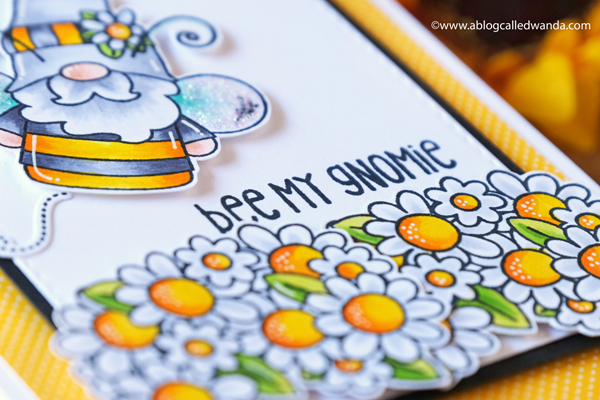Jaded Blossom Stamps, Jaded Blossom Buzzing with my gnomies, gnome, stamps, dies, flowers, spring, bee, card layout, copic markers, card ideas, wanda guess, a blog called wanda