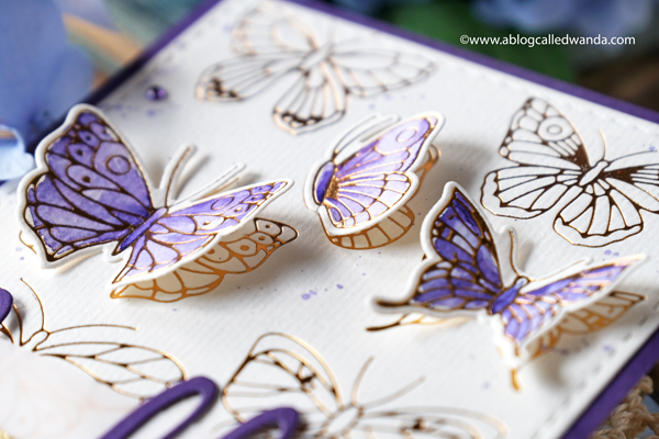 pinkfresh studio, pinkfresh studio blog hop, new release, blueberries and lemons, hot foil system, butterflies, vellum, watercolor, cards, card ideas, handmade cards, spellbinders hot foil system, mijello watercolors, leafy branch die, artistic bow die, wanda guess, a blog called wanda