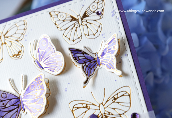 pinkfresh studio, pinkfresh studio blog hop, new release, blueberries and lemons, hot foil system, butterflies, vellum, watercolor, cards, card ideas, handmade cards, spellbinders hot foil system, mijello watercolors, leafy branch die, artistic bow die, wanda guess, a blog called wanda