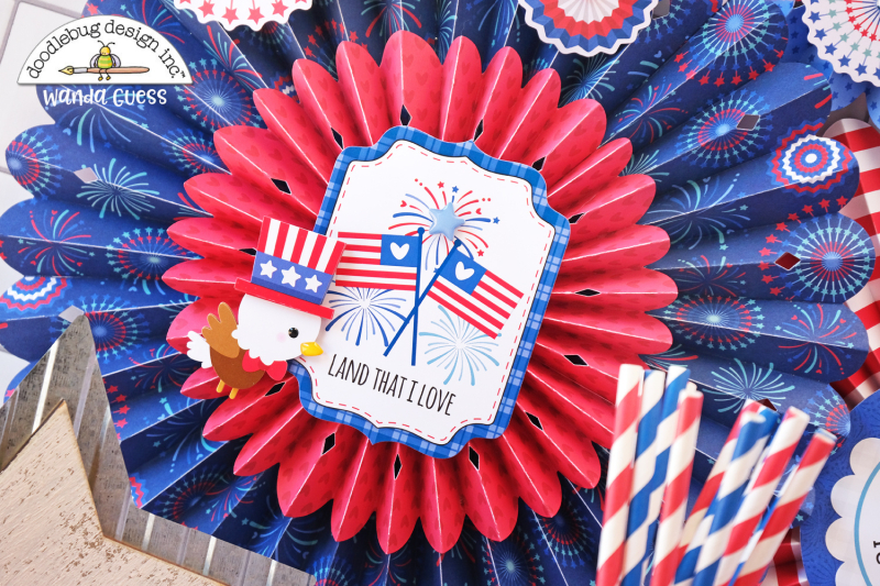 doodlebug, doodlebug papers, doodlebug land that i love collection, patriotic crafts, red white and blue, 4th of july decorations, 4th of july crafts, rosettes, sizzix medallion die, brenda walton dies, patriotic party ideas, 4th of july decor, paper rosettes, paper medallions, wanda guess, a blog called wanda