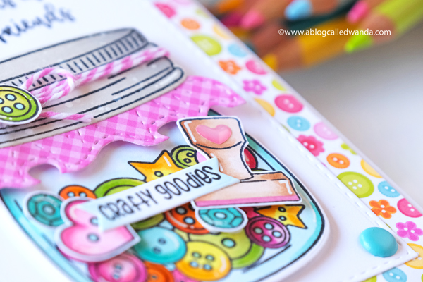 jaded blossom, jaded blossom stamps, mason jar stamps, mason jar die, add ons, crafty card ideas, mason jar cards, lawn fawn quilted background, copics, doodlebug cute and crafty paper, buttons, strawberries, crafty friends cards, card ideas, card layouts, wanda guess, a blog called wanda