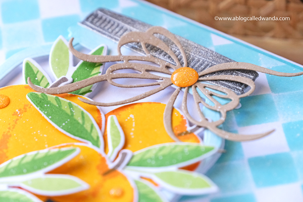 The Greetery, The Greetery Blog, The Greetery Inspiration Friday, TGIF, Wanda Guess, The Greetery Just Peachy, Peachy Keen, Stencils, Square Dance Stencils, The Greetery Jumbo Jar, The Greetery fit to be tied bow dies, mason jar card ideas, Summery Card, Vellum, Gingham, Peaches stamps and dies, A blog called wanda