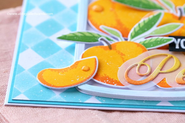 The Greetery, The Greetery Blog, The Greetery Inspiration Friday, TGIF, Wanda Guess, The Greetery Just Peachy, Peachy Keen, Stencils, Square Dance Stencils, The Greetery Jumbo Jar, The Greetery fit to be tied bow dies, mason jar card ideas, Summery Card, Vellum, Gingham, Peaches stamps and dies, A blog called wanda