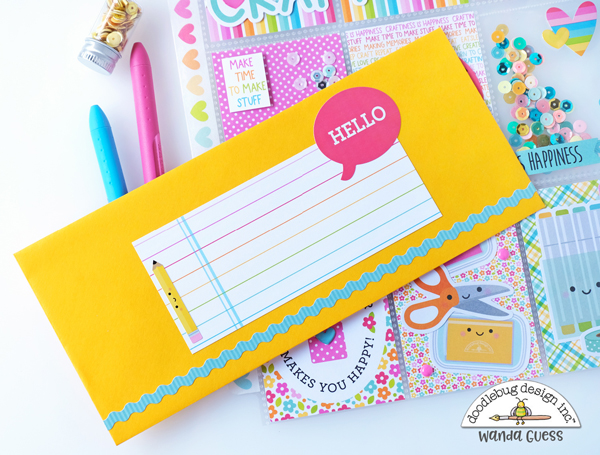doodlebug, cute and crafty collection, doodlebug cute and crafty, pocket letter, fuse tool, make a pocket letter, crafting theme, card ideas, diy, stamping, scrapbooking, doodlebug design team, sequins, washi tape, wanda guess, a blog called wanda