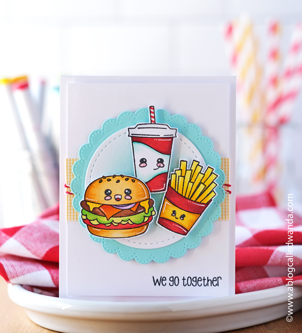 jaded blossom, jaded blossom stamps, jaded blossom kawaii foods, jaded blossom we go together, jaded blossom fresh faces, waffle flower, waffle flower lacy circles, stamping, copic markers, card ideas, burgers stamps, card layouts, wanda guess, a blog called wanda