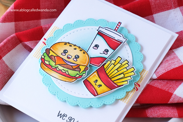 jaded blossom, jaded blossom stamps, jaded blossom kawaii foods, jaded blossom we go together, jaded blossom fresh faces, waffle flower, waffle flower lacy circles, stamping, copic markers, card ideas, burgers stamps, card layouts, wanda guess, a blog called wanda