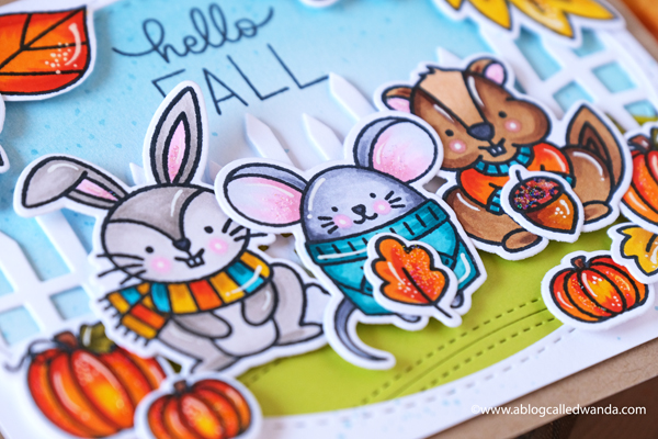 pretty pink posh, pretty pink posh new release, Fall, Autumn, Halloween, Pretty Pink Posh Cozy Fall Critters, Pretty Pink Posh Fall Corners, Pretty Pink Posh Falling Leaves, Pretty Pink Posh Spooky Fence, Copic Coloring, leaves, cute animals, sweaters, card ideas, fall cards, blog hop, wanda guess, a blog called wanda, copic coloring tips