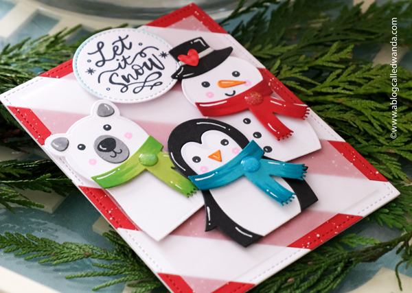 taylored expressions, lawn fawn, stamps, dies, stamping, handmade cards, card ideas, christmas cards, make your own christmas cards, winter, snowman, penguin, polar bear, taylored expressions snow squad, lawn fawn diagonal simple stripes, lawn fawn magic holiday messages, cheerful, happy, wanda guess, a blog called wanda