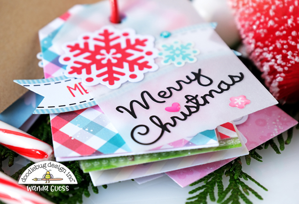 doodlebug design, doodlebug let it snow collection, doodlebug paper, doodlebug christmas, winter, christmas card, christmas tags, flip tag, flip tag ideas, scrapbooking, handmade holiday ideas, mini scrapbook, snowman, santa, tag dies, wanda guess, a blog called wanda
