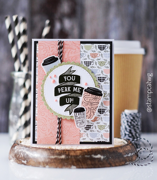 handmade card, papercrafting, cardmaking, echo park paper, echo park coffee and friends, coffee theme card, card ideas, patterned paper cards, card layouts, sketch, how to make a card, wanda guess, a blog called wanda