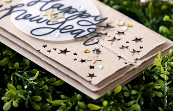 stamping, die cutting, card making, paper crafting, scrapbooking, make your own cards, tim holtz, sizzix, swirling stars dies, pretty pink posh, kraft paper, new year card, happy new year card, card ideas, card layouts, handmade, diy, craft ideas, wanda guess, a blog called wanda