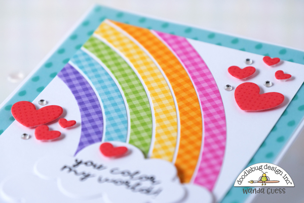Honey Bee Scallop A2 frames, Pinkfresh Studio Color Block Rainbow, Doodlebug Cute and Crafty, Doodlebug Hello There dies, Doodlebug Raindrops vellum, Doodlebug gingham, doodlebug stripes, Doodlebug Nesting Scallops, Doodlebug paper, Doodlebug embellishments, Cards, Cardmaking, Scrapbooking, Spring, Sunflowers, Rainbow card, make your own cards, wanda guess, a blog called wanda