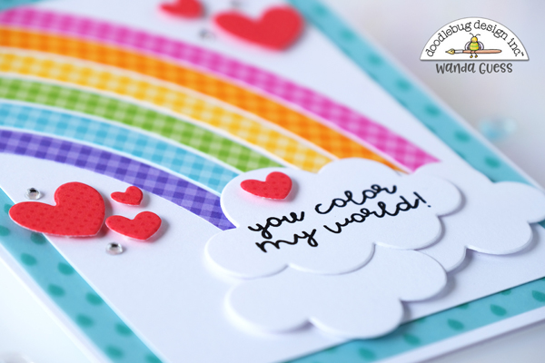 Honey Bee Scallop A2 frames, Pinkfresh Studio Color Block Rainbow, Doodlebug Cute and Crafty, Doodlebug Hello There dies, Doodlebug Raindrops vellum, Doodlebug gingham, doodlebug stripes, Doodlebug Nesting Scallops, Doodlebug paper, Doodlebug embellishments, Cards, Cardmaking, Scrapbooking, Spring, Sunflowers, Rainbow card, make your own cards, wanda guess, a blog called wanda