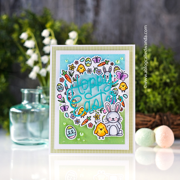 pretty pink posh, pretty pink posh stamps, pretty pink posh new release, easter, bunny, pretty pink posh easter wreath, hoppy easter, happy easter, easter card ideas, copic coloring, make your own easter card, distress ink blending, distress oxide blending, wanda guess, a blog called wanda