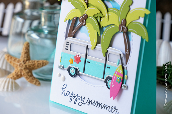 rubbernecker stamps, rubbernecker dies, handmade cards, summer cards, beach cards, handmade card ideas, stamping, make your own cards, beach van die, lifeguard tower, palm trees, how to make your own cards, party invitations, summer vibes, wanda guess, a blog called wanda