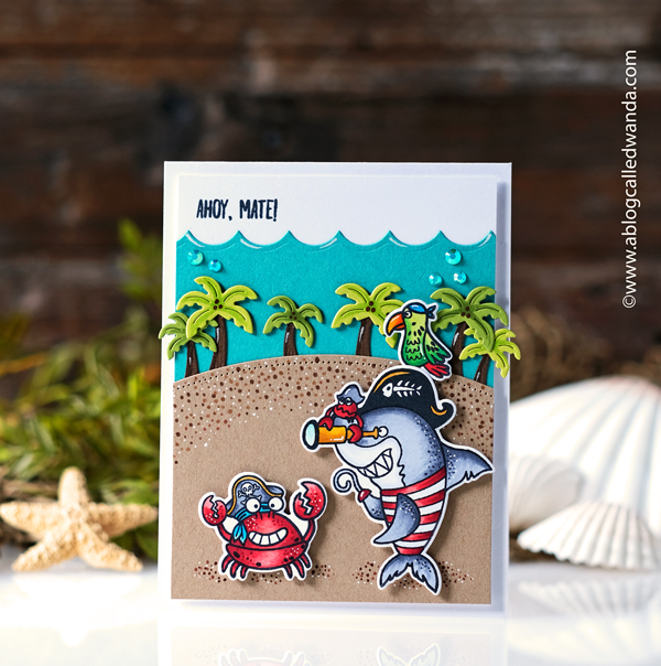 Rubbernecker stamps, rubbernecker stamps and dies, pirate stamps, pirate card, copic markers, handmade card, fun card, lawn fawn palm tree border, waves, sharks, diy cards, card layout ideas, card ideas, wanda guess