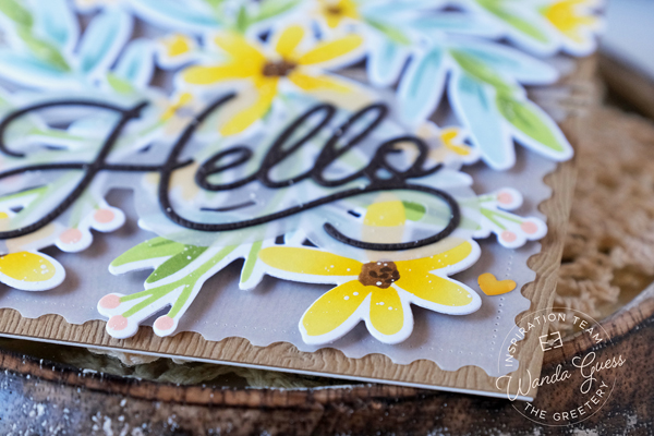 the greetery, the greetery new release, the greetery garden variety, the greetery stamps and dies, the greetery print shop garden goodness, the greetery print shop daisy days, the greetery stencils, garden theme, diy, handmade cards, card ideas, stamping, the greetery scripty hello die, greetery design team, wanda guess, a blog called wanda