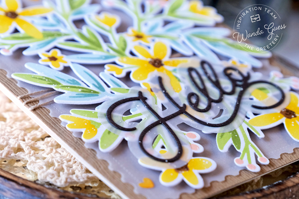 the greetery, the greetery new release, the greetery garden variety, the greetery stamps and dies, the greetery print shop garden goodness, the greetery print shop daisy days, the greetery stencils, garden theme, diy, handmade cards, card ideas, stamping, the greetery scripty hello die, greetery design team, wanda guess, a blog called wanda