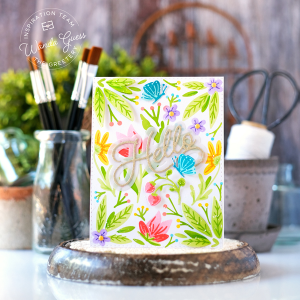 the greetery, the greetery new release, the greetery garden variety, the greetery stamps and dies, the greetery print shop garden goodness, the greetery print shop daisy days, the greetery stencils, garden theme, diy, handmade cards, card ideas, stamping, the greetery scripty hello die, greetery design team, wanda guess, a blog called wanda