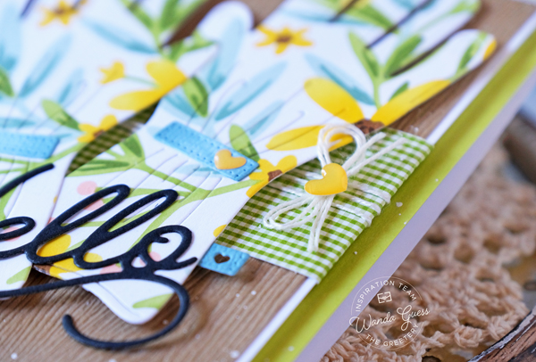 the greetery, the greetery stamps and dies, the greetery stencils, flowers, the greetery print shop daisy, the greetery garden gloves, handmade cards, card ideas, gardening, stenciling, gingham, card layouts, wanda guess, a blog called wanda