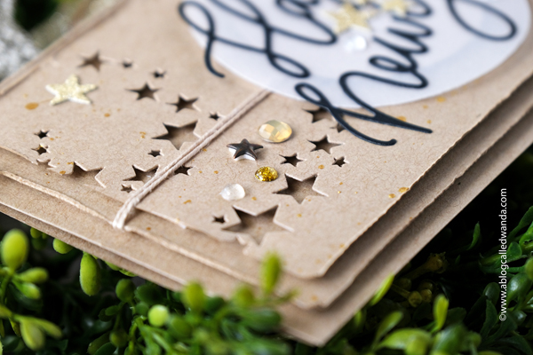 stamping, die cutting, card making, paper crafting, scrapbooking, make your own cards, tim holtz, sizzix, swirling stars dies, pretty pink posh, kraft paper, new year card, happy new year card, card ideas, card layouts, handmade, diy, craft ideas, wanda guess, a blog called wanda