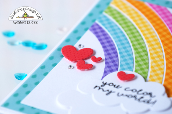 Honey Bee Scallop A2 frames, Pinkfresh Studio Color Block Rainbow, Doodlebug Cute and Crafty, Doodlebug Hello There dies, Doodlebug Raindrops vellum, Doodlebug gingham, doodlebug stripes, Doodlebug Nesting Scallops, Doodlebug paper, Doodlebug embellishments, Cards, Cardmaking, Scrapbooking, Spring, Sunflowers, Rainbow card, make your own cards, wanda guess, a blog called wanda