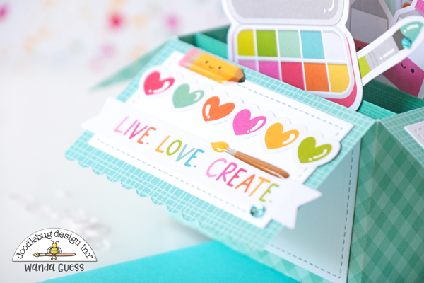 doodlebug, cute and crafty collection, pop up card, lawn fawn pop up card, lawn fawn scalloped box, craft theme card, crafting, card making, scrapbooking, diy cards, fun card, interactive, wanda guess, lawn fawn, doodlebug