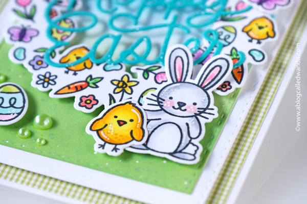 pretty pink posh, pretty pink posh stamps, pretty pink posh new release, easter, bunny, pretty pink posh easter wreath, hoppy easter, happy easter, easter card ideas, copic coloring, make your own easter card, distress ink blending, distress oxide blending, wanda guess, a blog called wanda