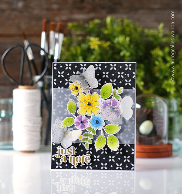 pinkfresh studio, pinkfresh studio blog hop, pinkfresh studio flowers, hot foil, pinkfresh hot foil, spellbinders glimmer system, matte gold hot foil, cardmaking, paper crafting, make your own cards, card ideas, pinkfresh studio small butterflies, pinkfresh studio perfect sentiments, pinkfresh studio ink cubes, pinkfresh studio stencils, pinkfresh studio simplest gestures, jewels mix, wanda guess, a blog called wanda