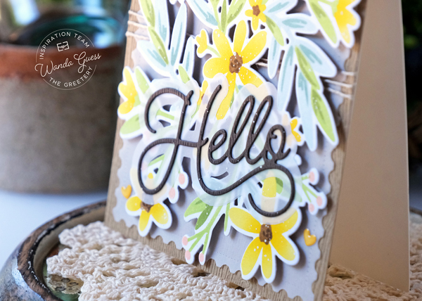 the greetery, the greetery new release, the greetery garden variety, the greetery stamps and dies, the greetery print shop garden goodness, the greetery print shop daisy days, the greetery stencils, garden theme, diy, handmade cards, card ideas, stamping, the greetery scripty hello die, greetery design team, wanda guess, a blog called wanda