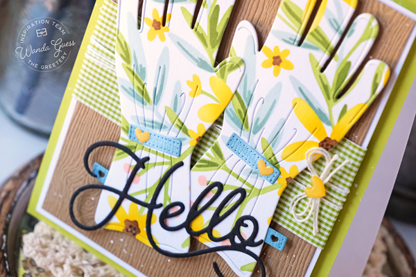the greetery, the greetery stamps and dies, the greetery stencils, flowers, the greetery print shop daisy, the greetery garden gloves, handmade cards, card ideas, gardening, stenciling, gingham, card layouts, wanda guess, a blog called wanda