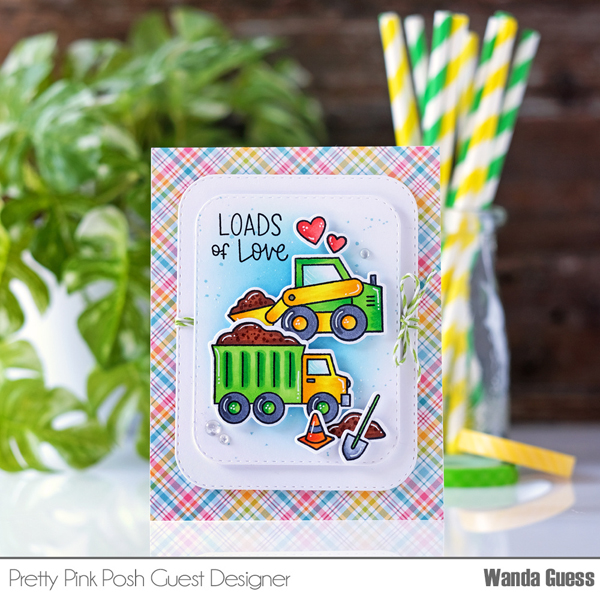 pretty pink posh, pretty pink posh construction trucks, pretty pink posh stamps and dies, lawn fawn rainbow paper, trucks, stamps, cards for boys, card ideas, copics, ink blending, wanda guess, blog hop, a blog called wanda