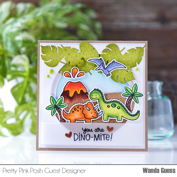 pretty pink posh, pretty pink posh stamps, dinosaurs, dinosaur stamps, dinosaur cards, copics, boy cards, birthday cards for kids, make your own cards, wanda guess, a blog called wanda