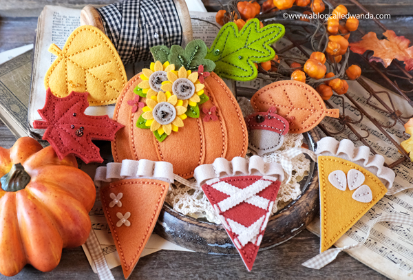 fall felt projects, felt crafting, felt plushies, felt pie garland, thanksgiving, felt leaves, felties, poshta design, handmade thanksgiving, felt pie slices, thanksgiving table ideas, fall, autumn, crafting, scrapbooking, wanda guess, a blog called wanda