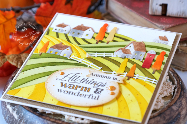 the greetery, the greetery new release, the greetery calico fields, the greetery stamps and dies, the greetery thankful heart, stencils, stencilscape, rolling hills, countryside, die cutting card ideas, fall cards, stencils on cards, distress inks, wanda guess, a blog called wanda