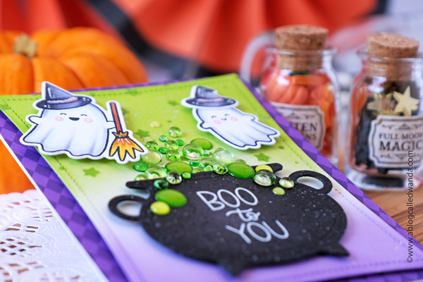 pretty pink posh, pretty pink posh stamps and dies, pretty pink posh halloween, halloween card, ghost friends, cauldron, ink blending, make your own halloween card, halloween ideas, halloween crafts, card layouts, Distress ink blending ideas, Halloween party, wanda guess, a blog called wanda