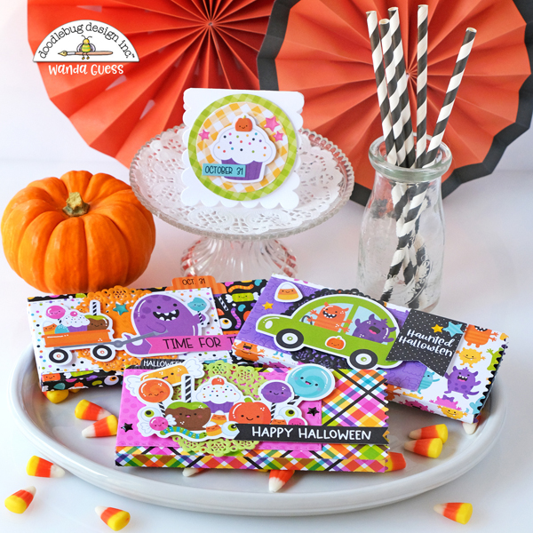 doodlebug design, doodlebug paper, doodlebug monster madness, doodlebug halloween, candy treat ideas, scrapbook ideas, halloween party, jaded blossom candy bar wrapper, candy bar ideas, halloween fun projects, monsters inc, monster madness, a blog called wanda, wanda guess, doodlebug design team