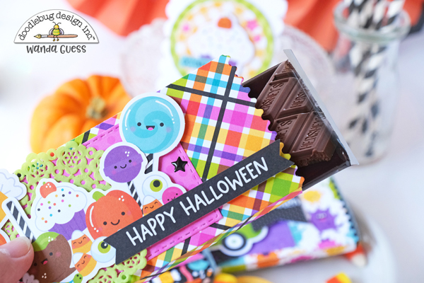 doodlebug design, doodlebug paper, doodlebug monster madness, doodlebug halloween, candy treat ideas, scrapbook ideas, halloween party, jaded blossom candy bar wrapper, candy bar ideas, halloween fun projects, monsters inc, monster madness, a blog called wanda, wanda guess, doodlebug design team