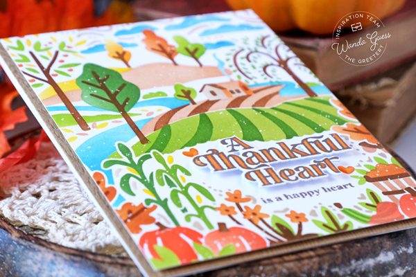 the greetery, the greetery new release, the greetery calico fields, the greetery stamps and dies, the greetery thankful heart, stencils, stencilscape, rolling hills, countryside, die cutting card ideas, fall cards, stencils on cards, distress inks, wanda guess, a blog called wanda
