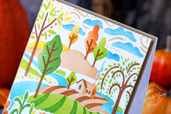 the greetery, the greetery new release, the greetery calico fields, the greetery stamps and dies, the greetery thankful heart, stencils, stencilscape, rolling hills, countryside, die cutting card ideas, fall cards, stencils on cards, distress inks, wanda guess, a blog called wanda
