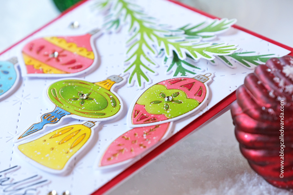 pinkfresh studio, pinkfresh studio stamps and dies, stencils, christmas, winter, new release, ornaments, sparkling diamonds, holiday ornaments, christmas cards, handmade christmas card, card ideas, pinkfresh snowflakes, merry and bright die, hot foil ideas, festive leaves, ink blending, stenciling, wanda guess, blog hop, a blog called wanda