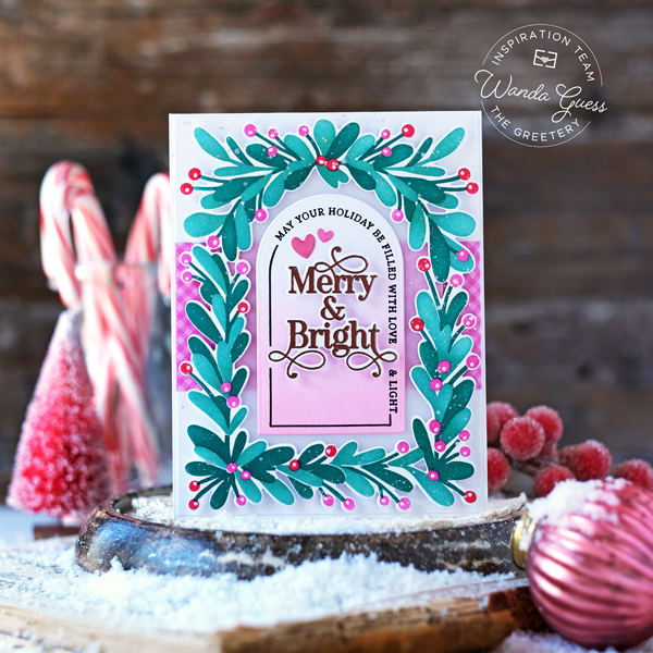 the greetery, the greetery new release, the greetery stamps and dies, the greetery a song of christmas, the greetery jumbo ornament, the greetery mistletoe arches, stencils, stamping, die cutting, christmas cards, handmade christmas cards, winter, card ideas, make your own christmas cards, card layouts, wanda guess, a blog called wanda