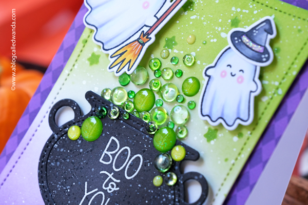 pretty pink posh, pretty pink posh stamps and dies, pretty pink posh halloween, halloween card, ghost friends, cauldron, ink blending, make your own halloween card, halloween ideas, halloween crafts, card layouts, Distress ink blending ideas, Halloween party, wanda guess, a blog called wanda