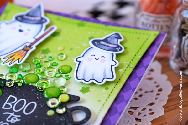 pretty pink posh, pretty pink posh stamps and dies, pretty pink posh halloween, halloween card, ghost friends, cauldron, ink blending, make your own halloween card, halloween ideas, halloween crafts, card layouts, Distress ink blending ideas, Halloween party, wanda guess, a blog called wanda