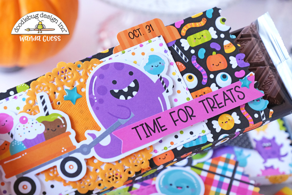 doodlebug design, doodlebug paper, doodlebug monster madness, doodlebug halloween, candy treat ideas, scrapbook ideas, halloween party, jaded blossom candy bar wrapper, candy bar ideas, halloween fun projects, monsters inc, monster madness, a blog called wanda, wanda guess, doodlebug design team